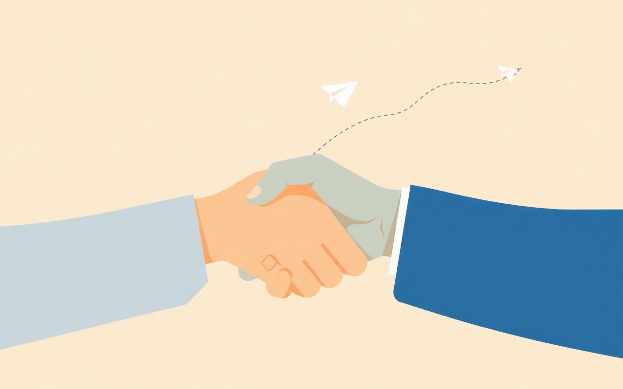 Illustration: Handschlag und Reiseroute